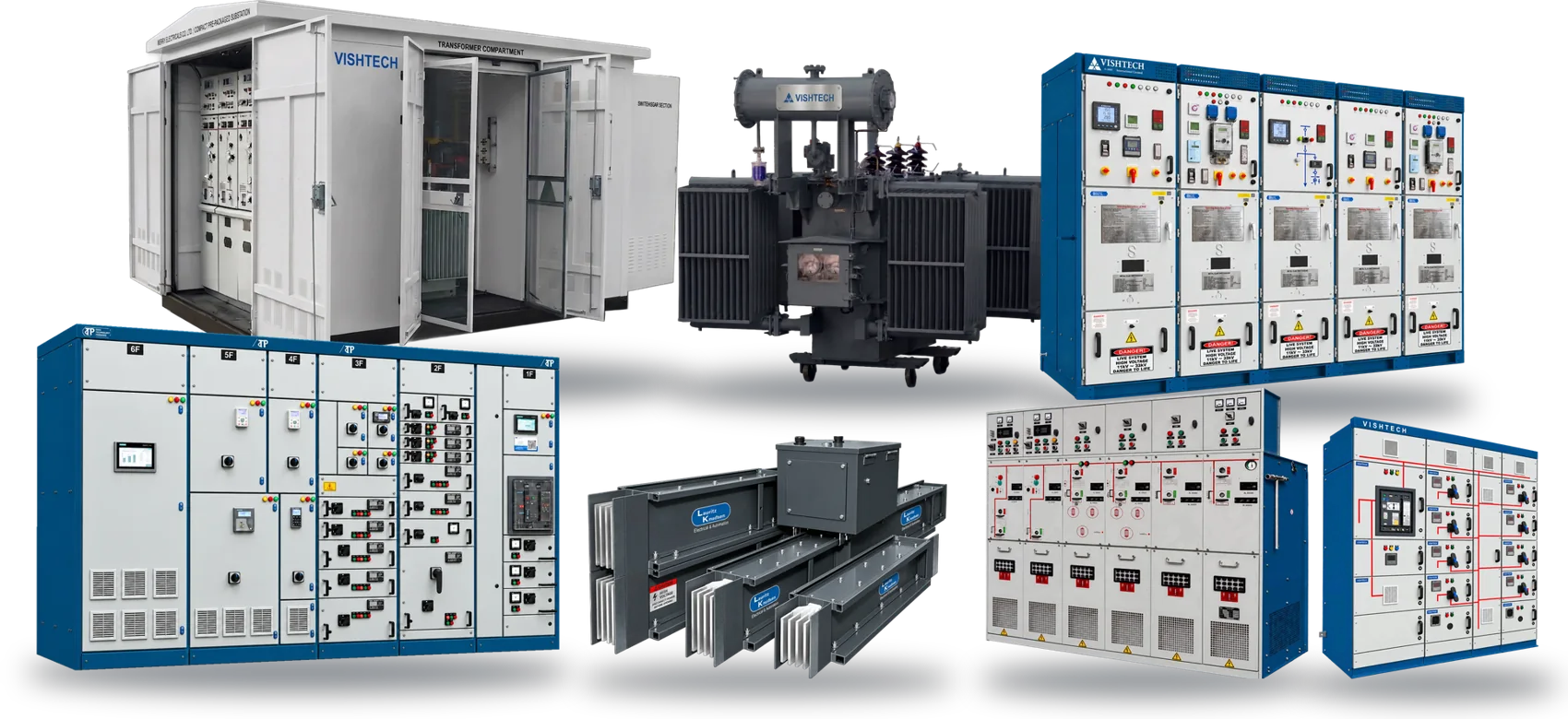 Vishtech turnkey package: compact sub station, transformer, MV and LV switchboards, busway, ring main unit and solar AC panel